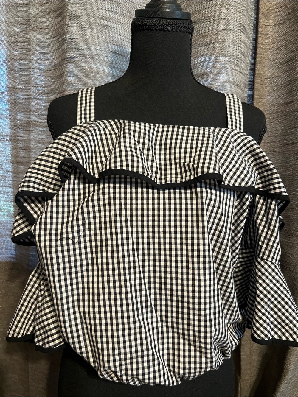 Black & White Gingham Ruffle Cold-Shoulder Blouse
